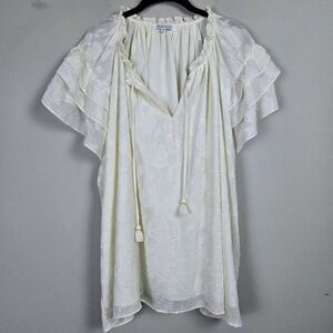 Rose + Olive Womens Embroidered Sheer Top 2X Cream Ruffle Boho Feminine Coquette